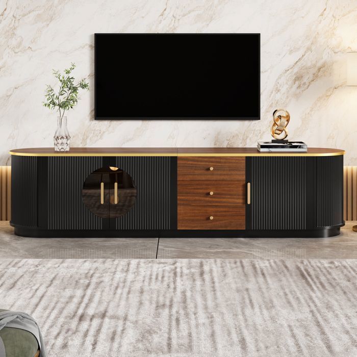 Meuble TV bas 180x40x46 cm lowboard luxe avec verre brun MDF poignées aluminium bords arrondis noir