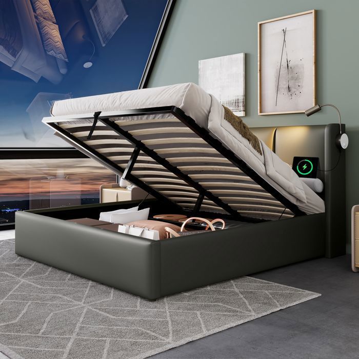 Lit double coffre adulte rembourré 140x200cm - Gris - PU - Tête de lit avec lampe de lecture