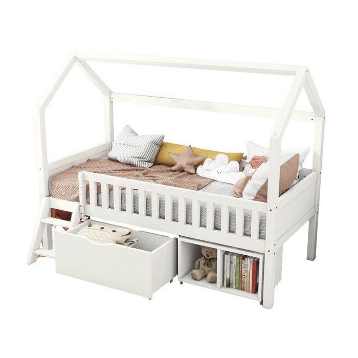 Lit Cabane Enfant 90x200 cm Blanc avec Tiroirs et Compartiments Barre de Sécurité Anti-chute Idéal Garçon ou Fille Sans Matelas