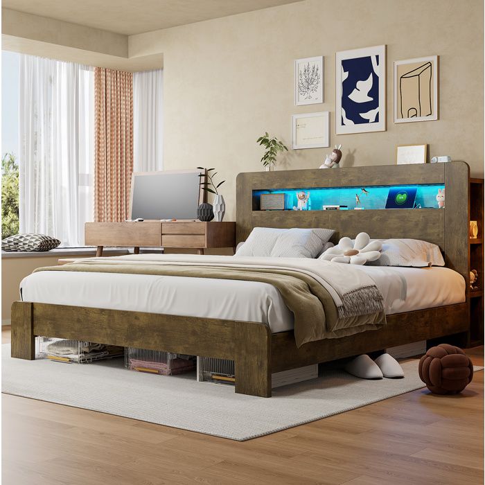 Lit plateforme en bois 180 x 200 cm avec tête de lit rangement LED intégrée et prises intégrées aspect bois vintage