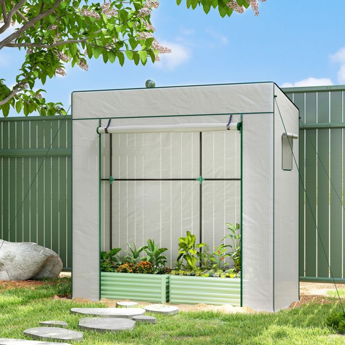 Serre de jardin 196 x 77 x 197 cm blanc fenêtres en maille et porte zippée pour plantes et fleurs