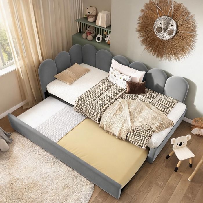 Méridienne 90x200 cm avec lit gigogne 90x190 cm design ludique en velours gris classique