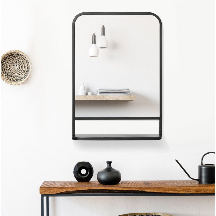 miroir mural rectangulaire avec étagère 70 x 50 x 10 2 cm noir coins arrondis cadre en fer à suspendre ORVRYN
