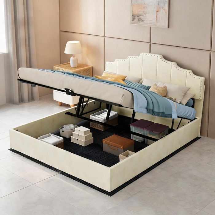 Lit-coffre moderne avec tête de lit capitonnée tissu lin beige 160x200 cm rangement relevable