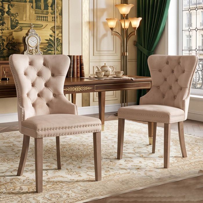 Lot de 2 Chaises Salle à Manger 53x46.5x95cm en Velours Beige  Anneau de Tirage Rétro Unique  Élégants Clous Argentés  Réglable