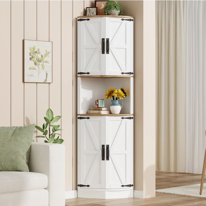 Meuble dAngle 4 Portes et Niche Ouverte avec Étagères - BEAUNIV - Campagne Blanc 395×395×180 cm