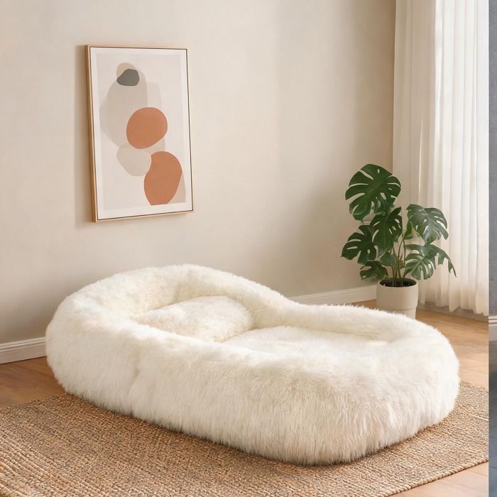 Canapé de sol convertible en mousse et peluche polyester 5 positions réglables neutre beige pour intérieur
