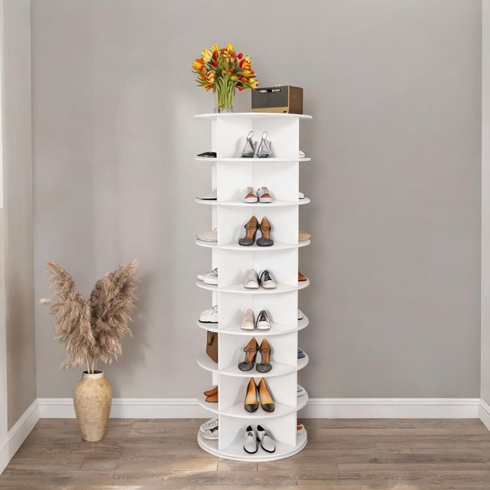 Meuble à chaussures pivotant 8 étages en PVC blanc capacité 32 paires 60 x 60 x 184 cm