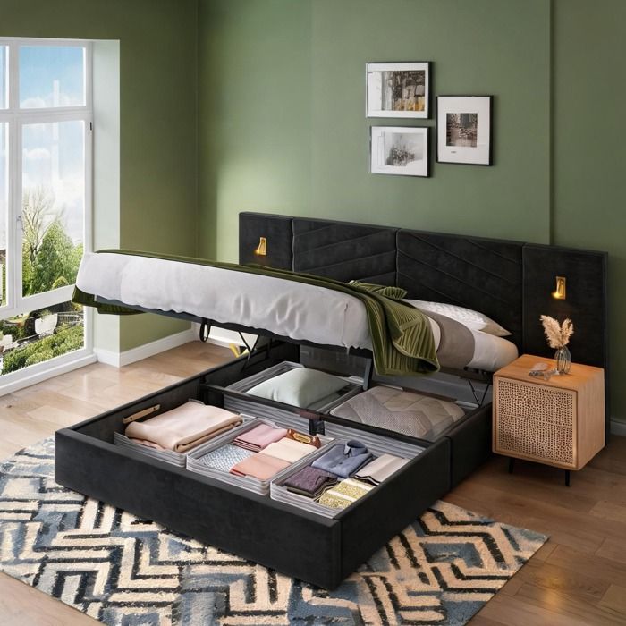 Lit king size velours noir avec coffre relevable et banquettes structure bois 266x205x117 cm éclairage LED
