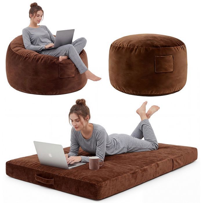 Canapé Pouf Poire3-en-1 spacieux adulte mousse viscoélastique haute récupération housse en flanelle amovible et lavable Marron