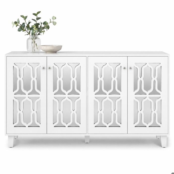 Bahut 4 portes blanc miroir stratifié mobile et poignées en cristal froid 160 x 40 x 84 cm pour salon et salle à manger