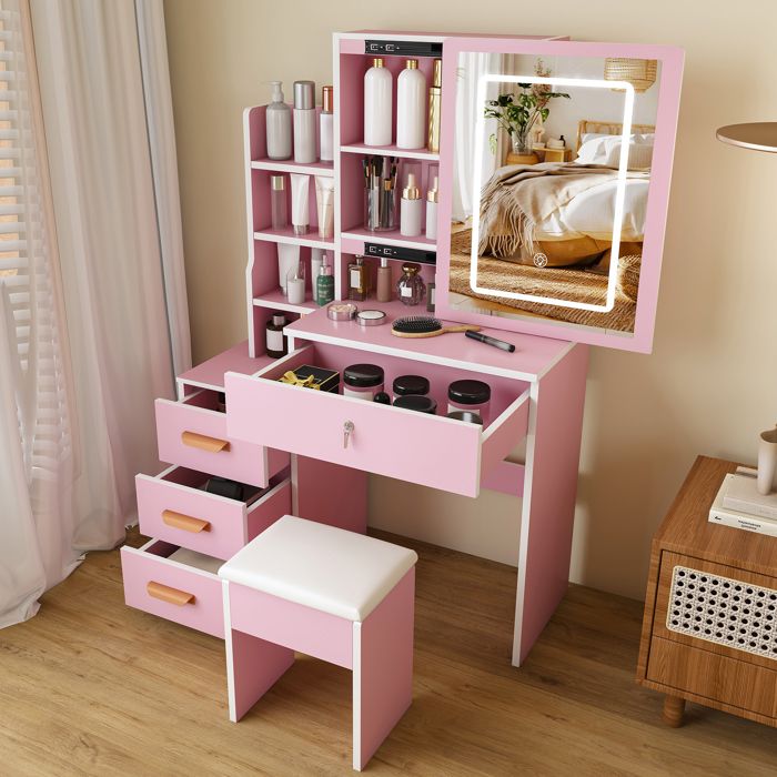 Coiffeuse avec miroir de maquillage éclairé tabouret rembourré 85 × 36 × 130 cm rose