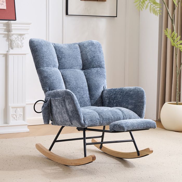 ELVORIN Fauteuil à bascule intérieur 63 x 92 x 89 cm chenille bleu dossier haut accoudoirs repose-pieds rangement latéral