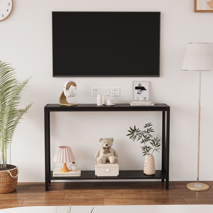 KOIOPLIE Table console étroite 2 niveaux meuble entrée industriel en V rangement avec étagère pour salon couloir Noir