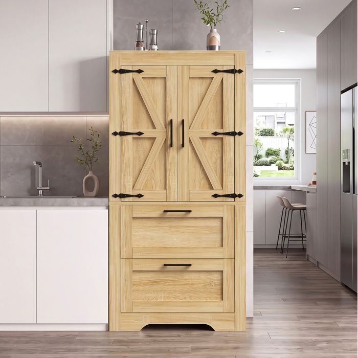 Buffet de cuisine haut avec 2 portes 2 tiroirs et étagères réglables - pour cuisine - en MDF - 60×30×128 cm - naturel