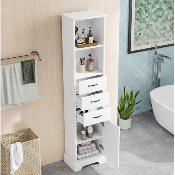 Meuble rangement salle de bain colonne blanc MDF laqué résistant à l’humidité 3 tiroirs 1 porte étagères réglables FOLYNA