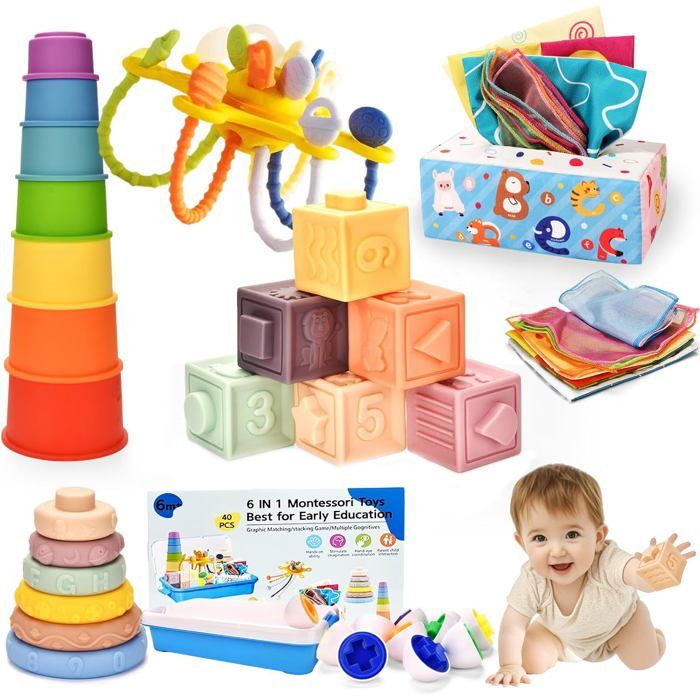 Jouet BéBé pour 6 à 12 Mois Jeux Bébé Eveil 1 an Montessori Jouet Eveil 9-18 Mois Empilable Sensoriel 6 en 1 Blocs de Construction