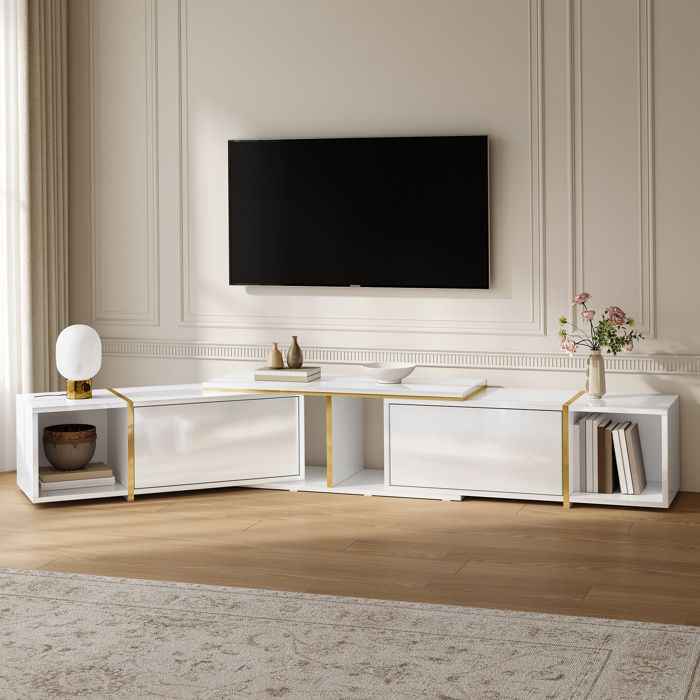 Meuble TV extensible 275 x 35 x 37 cm Meuble de rangement blanc brillant rangements ouverts et passe-câbles