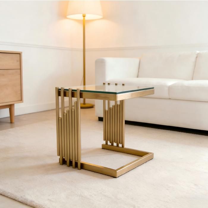 Table basse carrée 41 cm en verre trempé transparent inox doré finition miroir design moderne salon TYNQER