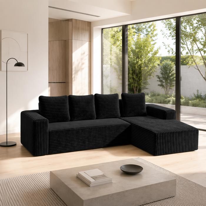 Canapé angle droit - PAGE Living - modulable tissu côtelé noir méridienne assise profonde rembourré salon chambre sans assemblage Canapé angle droit - PAGE Living - modulable tissu côtelé noir méridienne assise profonde rembourré salon chambre sans assemblage