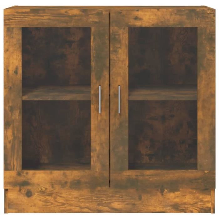 Bibliothèque Vitrée En Chêne Fumé 82,5x30,5x185,5 Cm - 5 Étagères, 2 Portes Coulissantes Verre - Meuble Rangement Salon