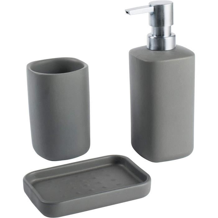 Ensemble 4 Pièces Accessoires Salle De Bain Noir Mat Élégant - Distributeur Savon, Porte-Brosse, Gobelet, Porte-Savon En Résine Et Bois