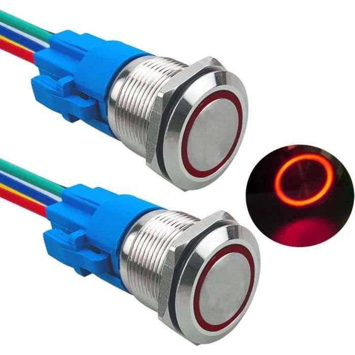 Lot De 2 Boutons-Poussoirs Momentanés 19 Mm IP67 LED Bleu – Acier Inox 12V/24V 5A – Étanche Avec Connecteur Pré-câblé