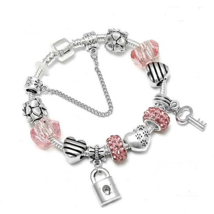19 cm bracelet charm's clé cadenas cristal autrichien rose argent fin rhodié