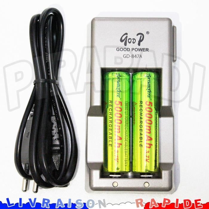 2 PILES ACCUS RECHARGEABLE 18650 3.7V 5000mAh + CHARGEUR CHARGE RAPIDE GD-847A Réf:44