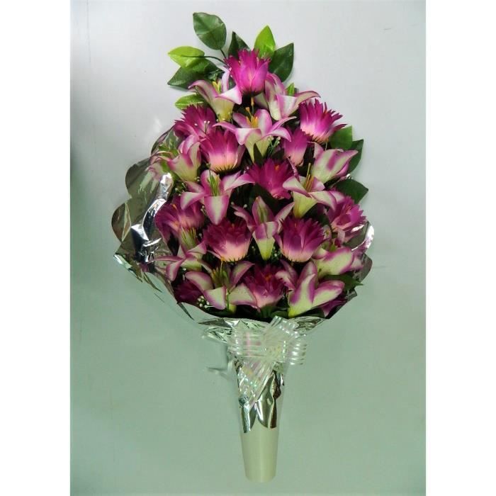 Grand Bouquet Fleurs Mauve 63cm Artificielles Cérémonie Deuil Décoration