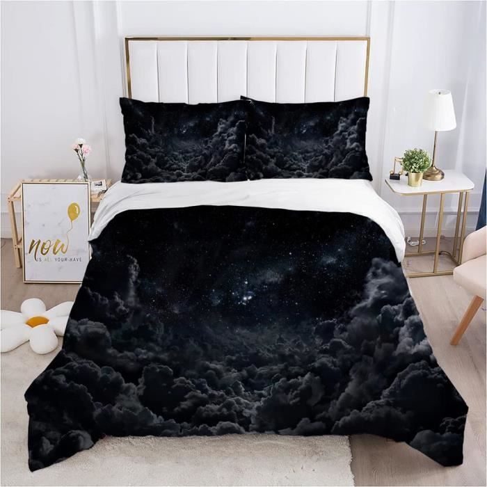 Housse De Couette Galaxie 220x240 Cm + 2 Taies 65x65 Cm - Microfibre Douce, Motif Ciel Étoilé, Bleu Noir
