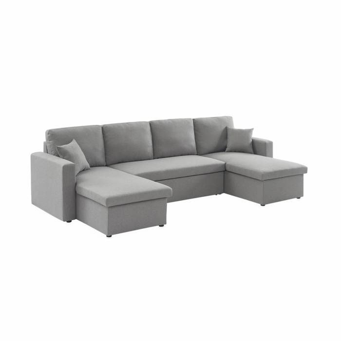Canapé panoramique convertible en tissu gris clair. 4 places. coffre ...