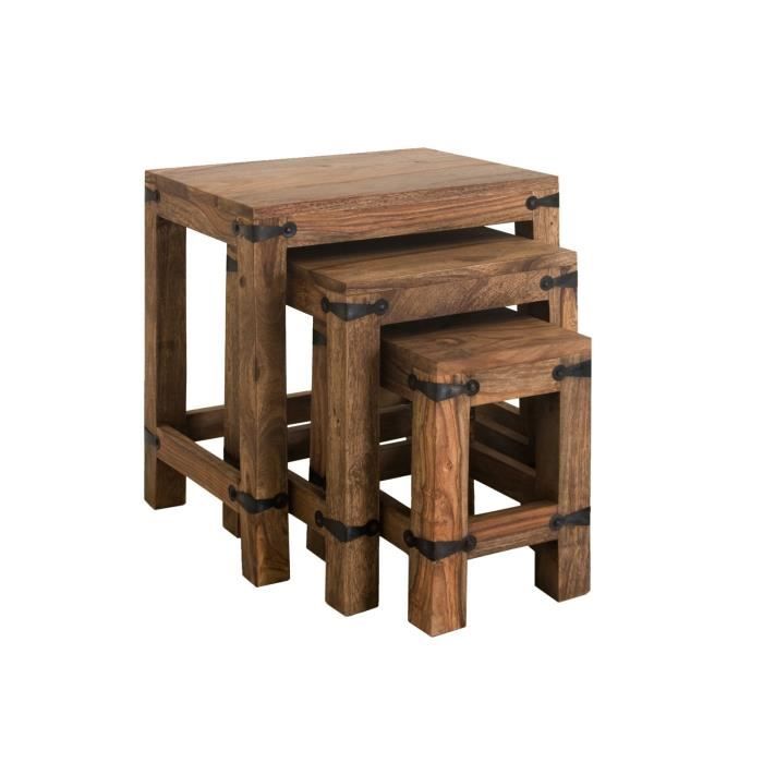 set de 3 tables d'appoint - bois massif de palissandre huilé - style colonial/ethnique - leeds 22
