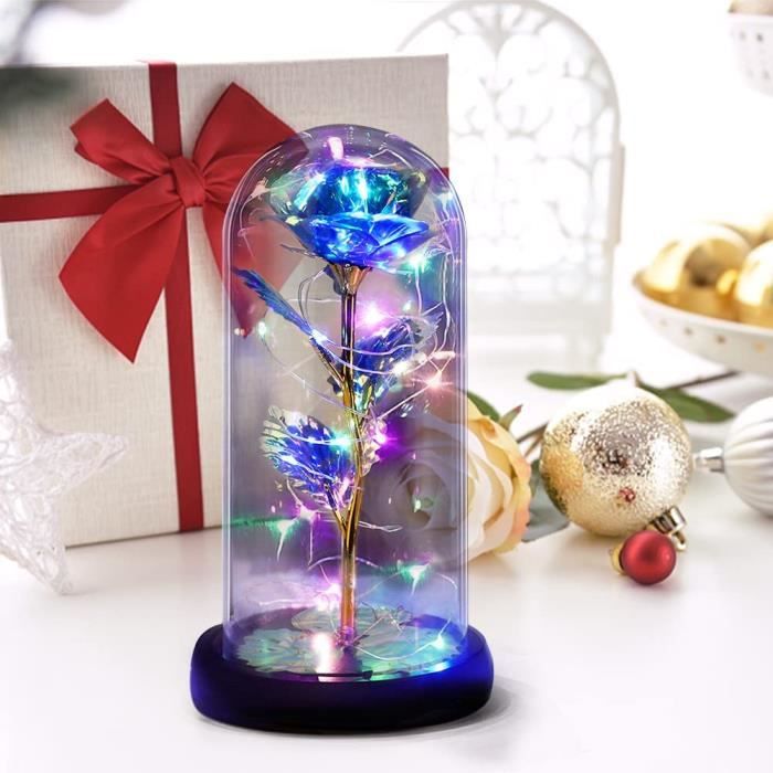 Rose éternelle Sous Cloche Verre Avec Lumières LED - Socle Bois, Cadeau Romantique Saint-Valentin