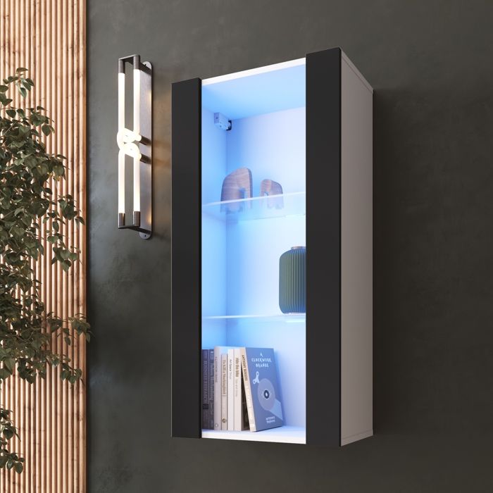 Vitrine Armoire Komodee TIVOLI - LED bleues - Noir & Blanc - Facades en Mat - 50 x 100 x 29 cm
