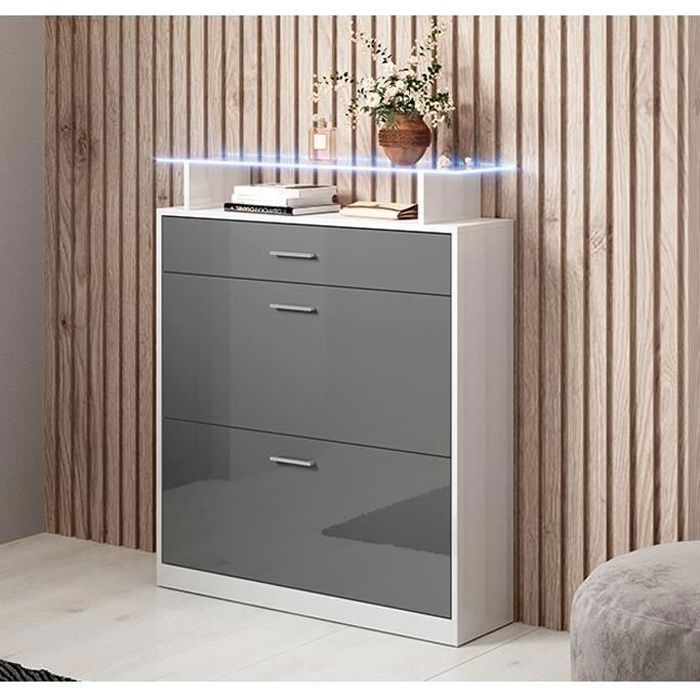 Design Ameublement - Meuble à Chaussures PAOLA LED - 2 portes 1 tiroir - Blanc et Gris Brillant - 89x105x24cm Design Ameublement - Meuble à Chaussures PAOLA LED - 2 portes 1 tiroir - Blanc et Gris Brillant - 89x105x24cm