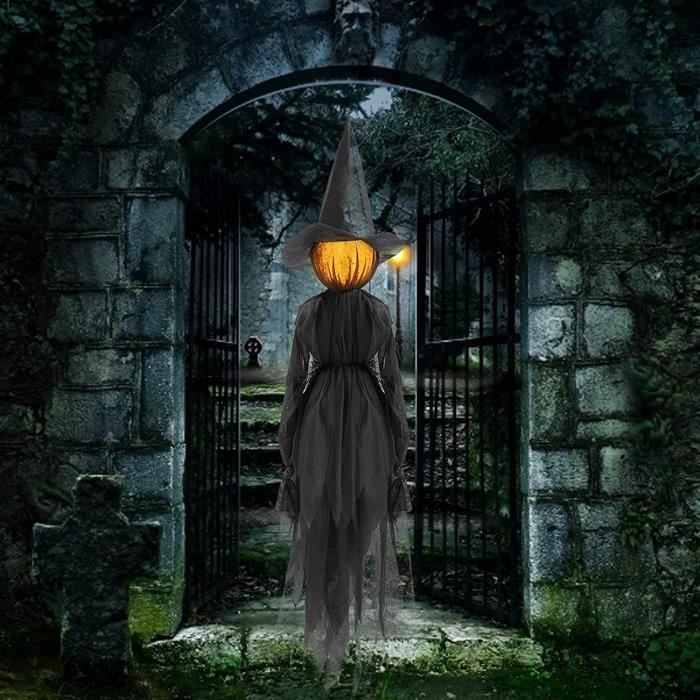 HTOOQ Décorations de sorcière à suspendre d'Halloween brillent dans le  noir, grande sorcière animée effrayante de 80 pouces avec décor sonore pour  mur de pelouse d'arbre extérieur maison hantée d'intérieur - - 