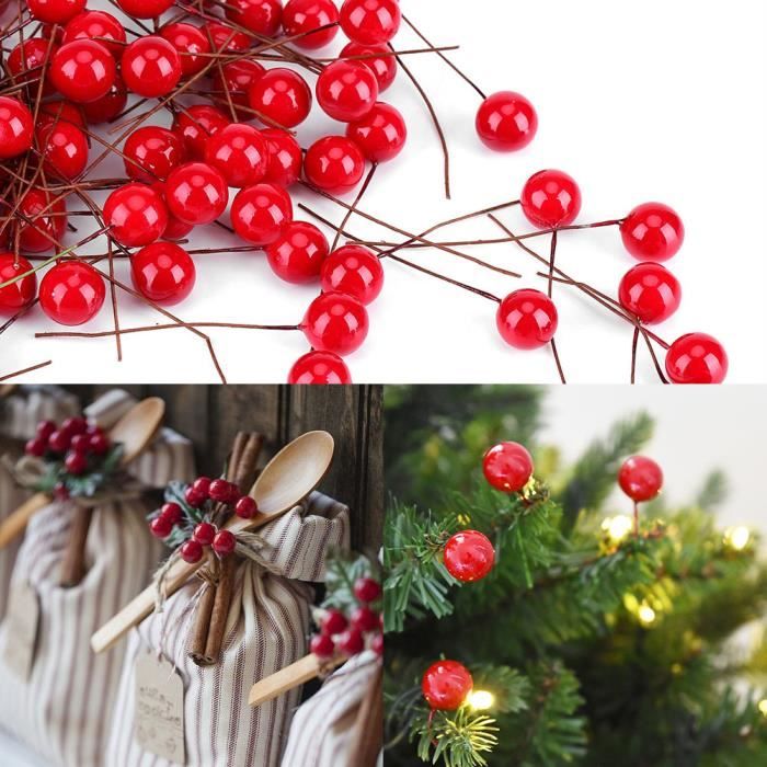 Redsa Lot de 2 piquets de Noël à paillettes avec baies de houx et branches artificielles avec pomme de pin pour décoration d’arbre de Noël Argenté