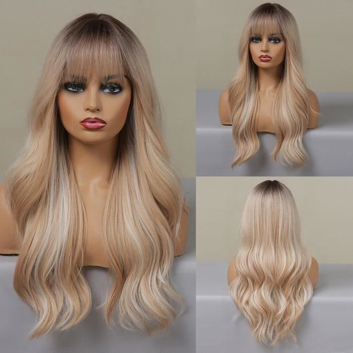 Perruque Synthétique Violette Longue Avec Frange - Ondulée, Style Naturel - Taille Moyenne + 4 Bonnets Inclus
