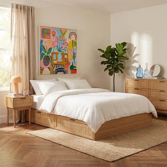 Cadre de lit à tiroirs AMANA cannage rotin 140x190 sommier inclus - Bois