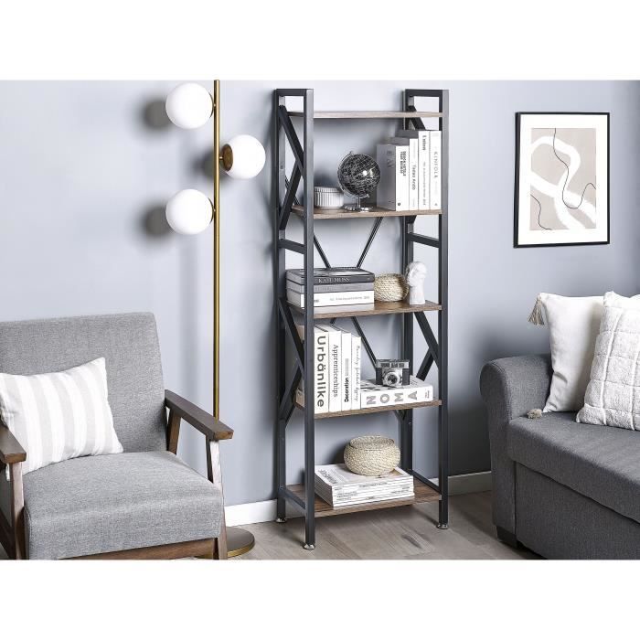 bibliothèque design 5 niveaux - beliani - effet bois foncé et noir - meuble de rangement pratique et tendance