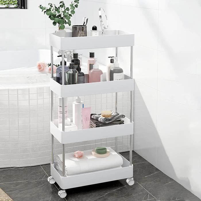 Chariot De Rangement Mobile OUFER - 3/4 Niveaux - Avec Roues Et Crochets - 37x25x71,5cm - Organisation Maison/Bureau