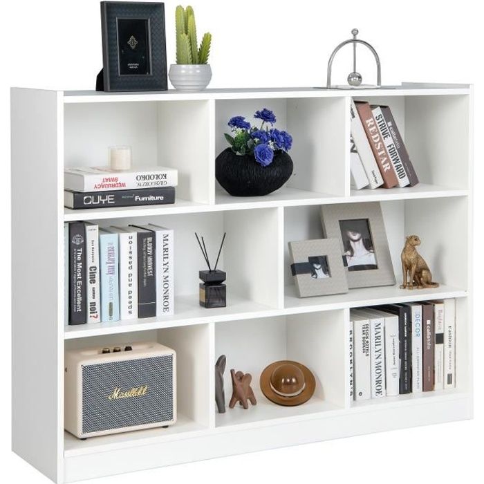 COSTWAY Bibliothèque à 3 Niveaux et 8 Cubes Étagère de Rangement Ouverte en Bois pour Salon Salle de Jeux 122 x 32 x 93 cm Blanc