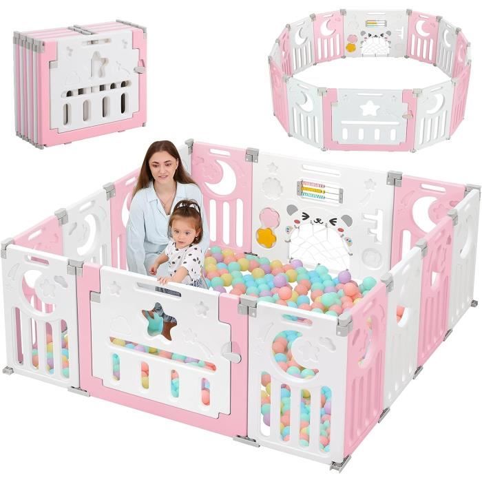 Parc Bébé Pliable, Parc Bebe Modulable Plastique 150×150cm, Parc Bebe avec Porte, Parcs Enfant XL avec Panneau d'activité, Rose