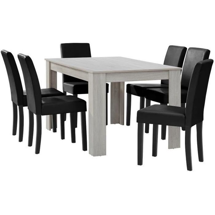 en.casa Table à manger chêne blanc avec 6 chaises noir cuir-synthétique rembourré140x90