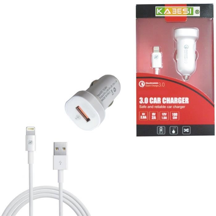 Chargeur Voiture Allume Cigare, USB Port avec Câble iPhone,Charge