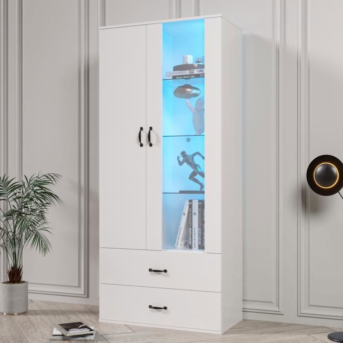 Vitrine - LEYTN - 59x35x182 cm - Bois brillant - Lumière LED - 2 portes 2 tiroirs