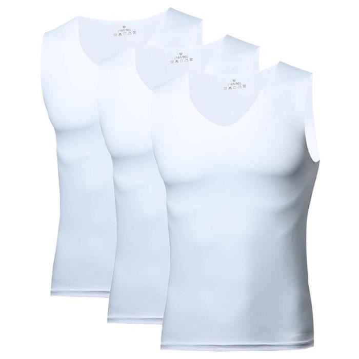 Débardeur Homme Col V Sport Sans Manches Ete Respirant Couleur Unie Blanc  Ajustée Adulte