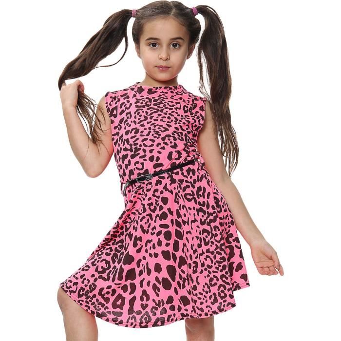 Enfants filles Léopard imprimé robe Balançoire 7-13 ans Rose fluo