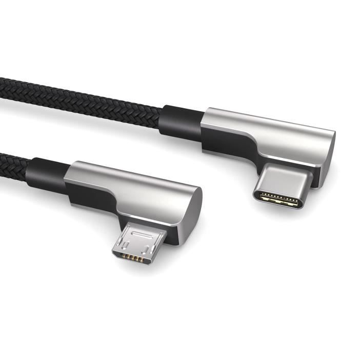 Câble USB C Coudé Vers Micro USB Coudé - 26cm - Charge Et Data USB C To Micro USB - Pour Smartphones, Tablettes